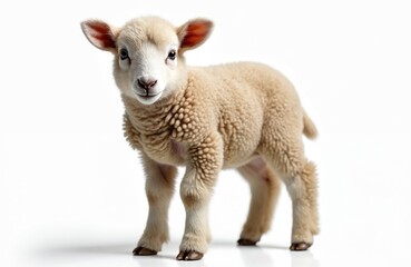 Fototapeta premium Adorable baby lamb stands isolated white background. Cute newborn sheep with fluffy wool. Animal, livestock, agriculture, farming, pet, nature, spring, Easter, farming concept.