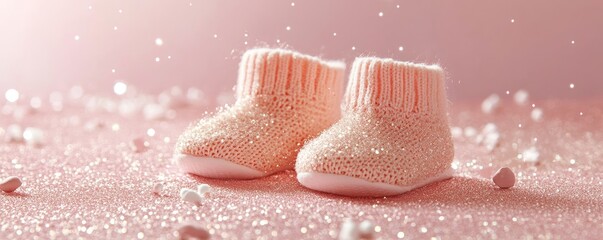 Against a soft pink background, a small pair of baby socks is positioned, leaving room for a personalized note, making it perfect for occasions like baby showers or a baby's initial party, and also
