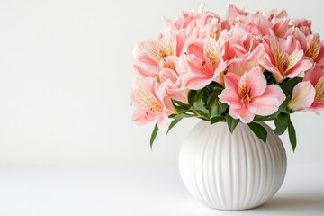 Obraz premium The home interior features a beautiful floral decor with an elegant soft white composition and a stunning white gypsophila flower in a vase set against a white wall background
