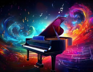 Piano is ready to play and waves of color fill space, its form against radiant glow that surrounds it. Symphony of light and sound. Concept of classical and modern music, entertainment, jazz. Ad. High