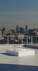 Minimalist podium stage on rooftop terrace overlooking modern urban city skyline