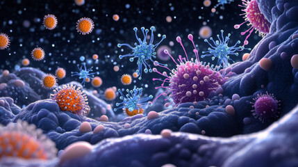 Obraz premium Virus under microscope. Antibodies and viral infection. Immune defense of body. Attack on antigens 3D illustration