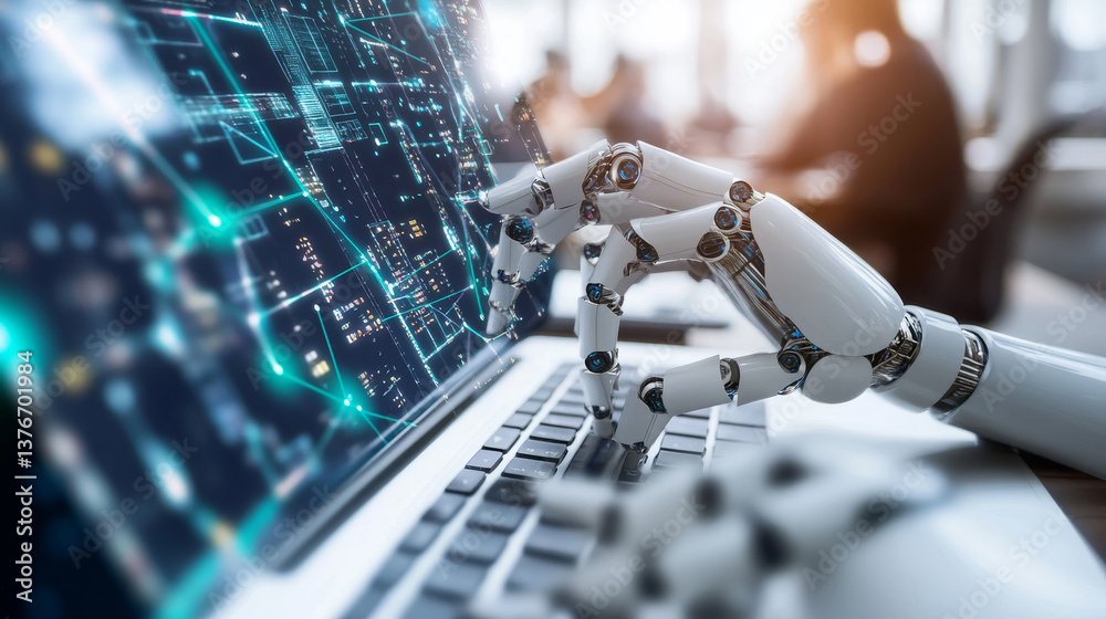Poster robot, chat bot, android and digital evolution of robotics. future processor development technologie
