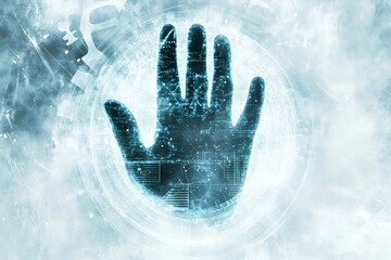 Futuristic digital hand with circuitry and binary code in blue haze
