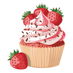 Delicious Cupcake with Strawberry Topping, Whipped Cream, and Chocolate Sprinkles