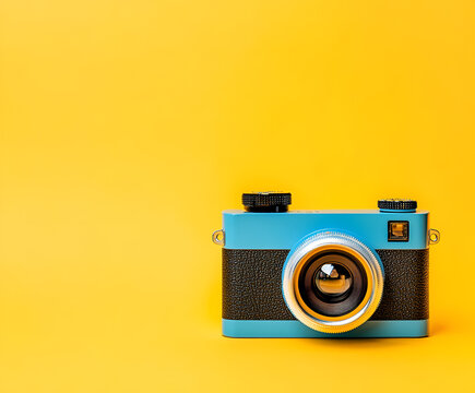 Blue retro toy camera on yellow background, with space for copying