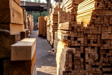 Obraz premium Stacks of cut lumber in a sunlit industrial warehouse setting