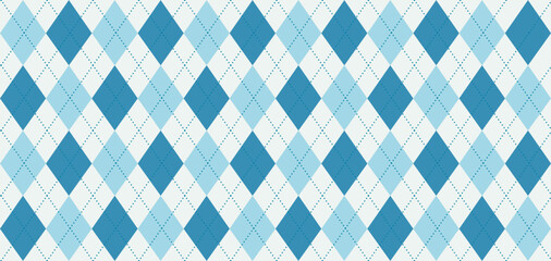Argyle vector pattern. Light blue and dark blue squares with thin dark blue dotted line. Geometric background for menswear, wrapping paper. Background for baby shower. Checkered Seamless Pattern.