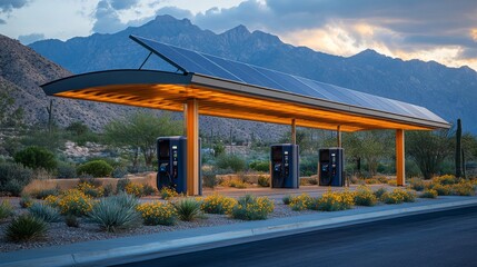 A solar powered EV charging station showcases modern infrastructure amidst desert scenery, featuring bright lights, flowering plants, and mountain backdrop during sunset.