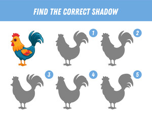 Fototapeta premium Find correct shadow of cute cartoon rooster. Educational logical game for kids. Funny bird. Vector illustration