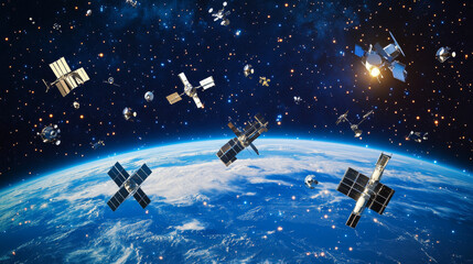 Modern design of network connections, the planet and satellites in orbit. Raster illustration © Sahraya