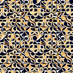 An orange and black geometric pattern on a dark blue background.