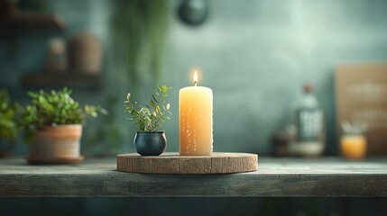 Soft lighting candle and plants on wooden surface