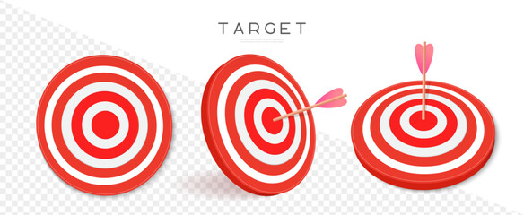Dartboard vector icon set. Red circles dart board with arrows for pub darts game. Business target symbol