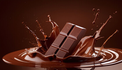Delicious Melted Chocolate with Gourmet Dark Chocolate Bar. Sweet cocoa dessert.
