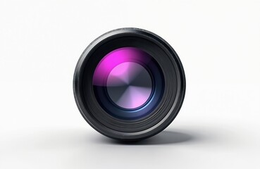 Camera lens isolated on white background. Lens with reflections, reflections inside glass. Photography tech equipment for photo or video shooting, optical glass component. Modern digital cameras.