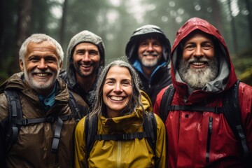 Portrait of smiling group of senior hikers while raining in forest