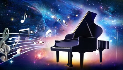 Piano is ready to play and waves of color fill space, its form against radiant glow that surrounds it. Symphony of light and sound. Concept of classical and modern music, entertainment, jazz. Ad. High