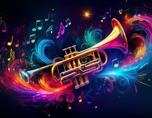 Trumpet is ready to play and waves of color fill space, its form against radiant glow that surrounds it. Symphony of light and sound. Concept of classical and modern music, entertainment, jazz. Ad