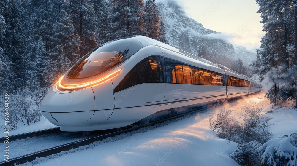 Poster a sleek smarttrain travels along snowy tracks surrounded by towering pine trees and mountains.