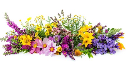 Panoramic Shot of a Beautiful Bunch of Diverse Wildflowers on a White Background, Highlighting the Natural Beauty with Ample Copy Space for Customization