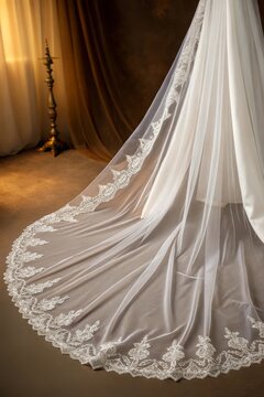 Delicate flowing wedding veil crafted from fine tull with intricate lace detailing, elegantly displayed in a softly lit setting