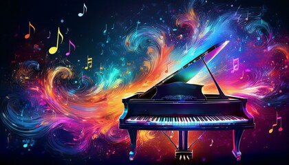 Piano is ready to play and waves of color fill space, its form against radiant glow that surrounds it. Symphony of light and sound. Concept of classical and modern music, entertainment, jazz. Ad. High