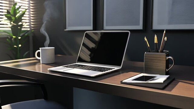 Modern workspace with laptop, steaming coffee, and green plant for productivity