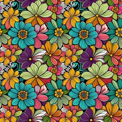 A colorful floral pattern on a black background.