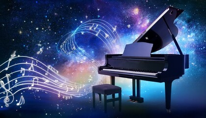 Piano is ready to play and waves of color fill space, its form against radiant glow that surrounds it. Symphony of light and sound. Concept of classical and modern music, entertainment, jazz. Ad. High