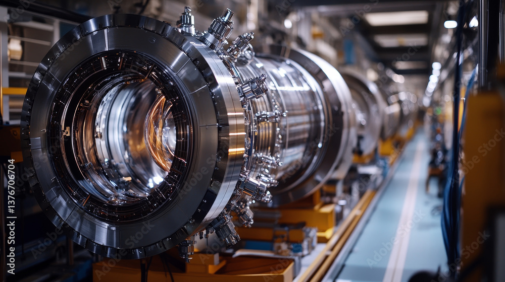Poster atomic reactor. experiments with the hadron collider. investigation of the structure of an atom. 3d 