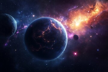 Spectacular cosmic scene of planets in glowing nebulae and distant stars
