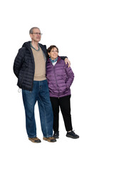 A man and woman are standing next to each other, both wearing jackets