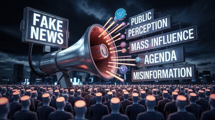 Illusion of Truth: An impactful artistic rendering exposes the concept of "Fake News," showcasing a large megaphone broadcasting misinformation and influencing the masses.