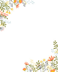 Vector frame with cute hand drawn spring and summer flowers and herbs. Bloom and blossom template concept illustration for cards, posters, invitations and flyers. Doodle elements 