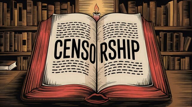 Censorship Unveiled: A vintage illustration shows an open book emblazoned with the word "CENSORSHIP", spotlighting the profound impact of censorship - Powered by Adobe