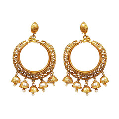 Traditional gold jhumka hoop earrings with pearls isolated on white background