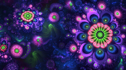 Neon-drenched Fractal-Inspired Kaleidoscope Banner With Vivid Colors and Intricate Patterns for an Eye-Catching Design