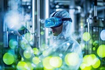 Young caucasian male in protective suit using virtual reality in industrial setting with green lights