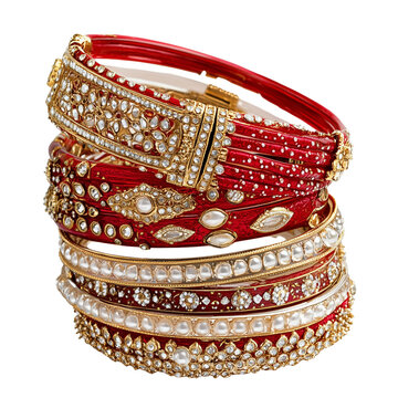 Bridal bangles (chooda) with intricate design and pearls isolated on white background