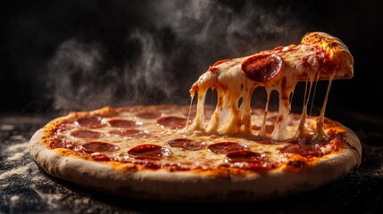 Hot pepperoni pizza with melting cheese and steamy crust