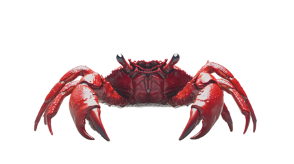 Vibrant red crab with detailed shell and sharp claws, standing on a flat surface. Isolated on white background.