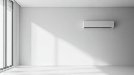 A mockup showing a split system for climate control with cold wind flows on a white background. The air conditioner is on the wall, and a conditioning ventilator is located on the window