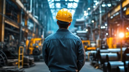 A portrayal of an industrial worker in a spacious metal production facility.