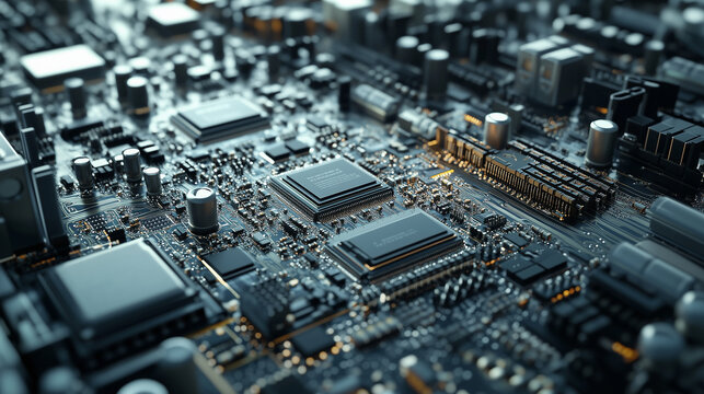 Close-up of a factory machine at work: a robotic arm seamlessly attaching microchips to a printed circuit board via advanced surface mount technology in a modern, automated assembl