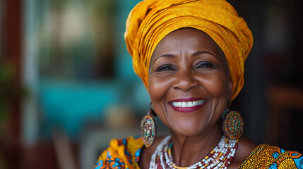 Smiling woman in vibrant traditional attire outdoors