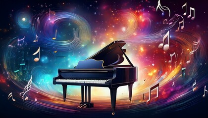 Piano is ready to play and waves of color fill space, its form against radiant glow that surrounds it. Symphony of light and sound. Concept of classical and modern music, entertainment, jazz. Ad. High