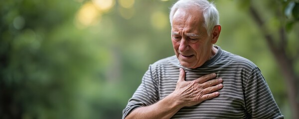 Elderly man holding chest outdoors. Distressed expression, likely health issues. Senior citizen experiencing pain, discomfort. Healthcare, medical concepts. Nature background adds context of life,