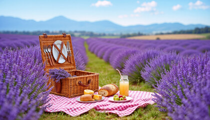 Lavish picnic setup in lavender fields under a sunny sky  