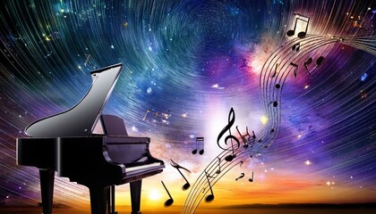 Piano is ready to play and waves of color fill space, its form against radiant glow that surrounds it. Symphony of light and sound. Concept of classical and modern music, entertainment, jazz. Ad. High